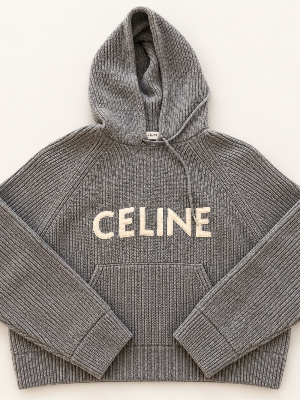 CELINE Logo Appliqué Ribbed Wool Hoodie Grey M 100% 🐑 wool